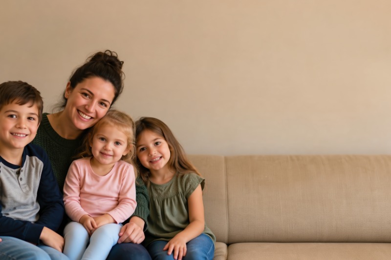Woman and three children sitting together on a sofa