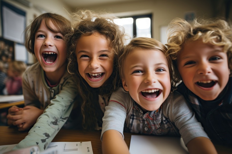 Four children smiling together at a classroom table