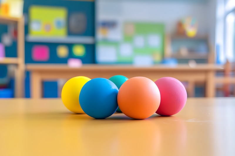Pelotas de colores sobre una mesa de un aula infantil
