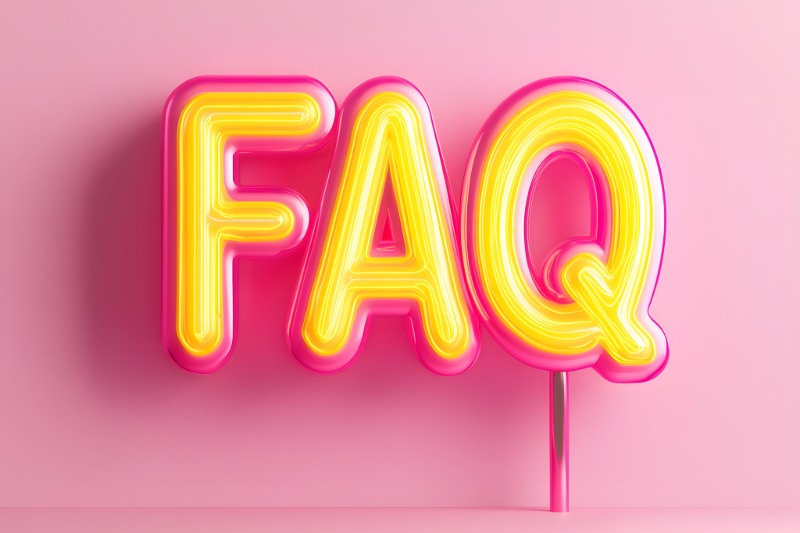 Letras FAQ de neón amarillo sobre un fondo rosa