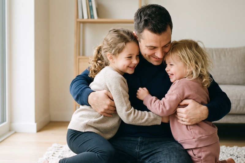 Father hugging two smiling children at home